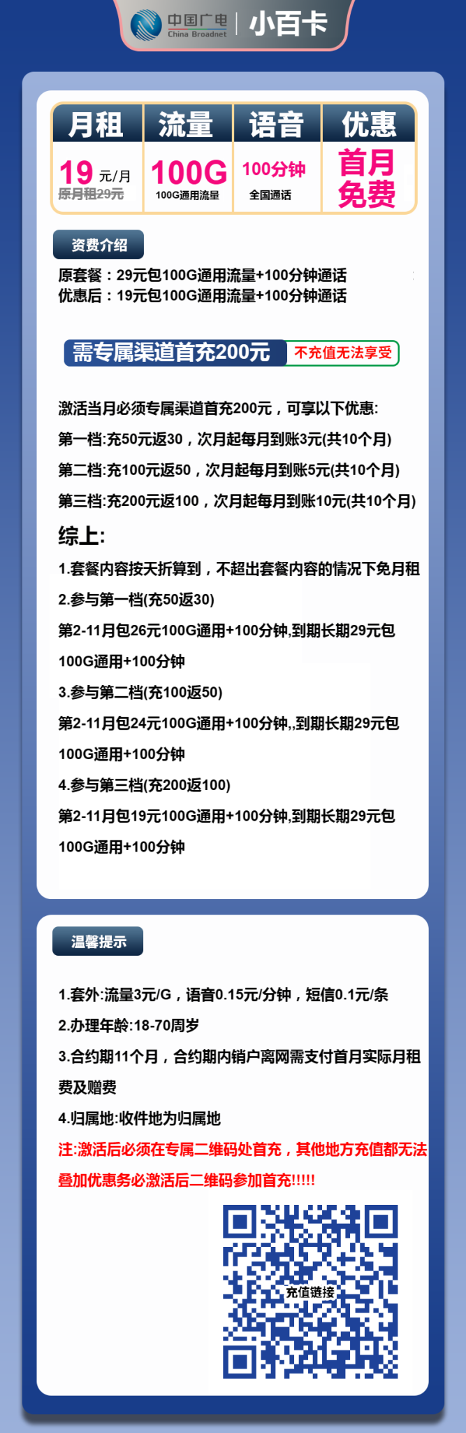 中国广电小百卡 19 元包 100G 通用流量 + 100 分钟通话，首月免月租及首充返费规则说明（2025版）