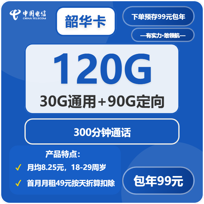 中国韶华卡99元包年套餐详解：30G通用+90G定向流量，每月120G流量仅需8.25元