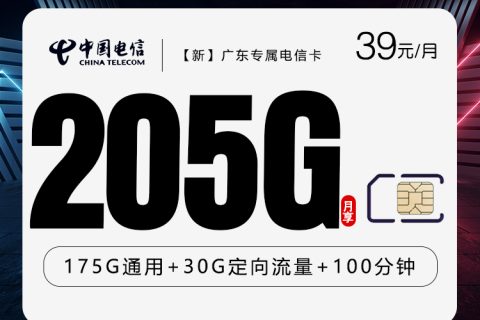 【新】广东专属电信卡【39元205G+100分钟】套餐简介