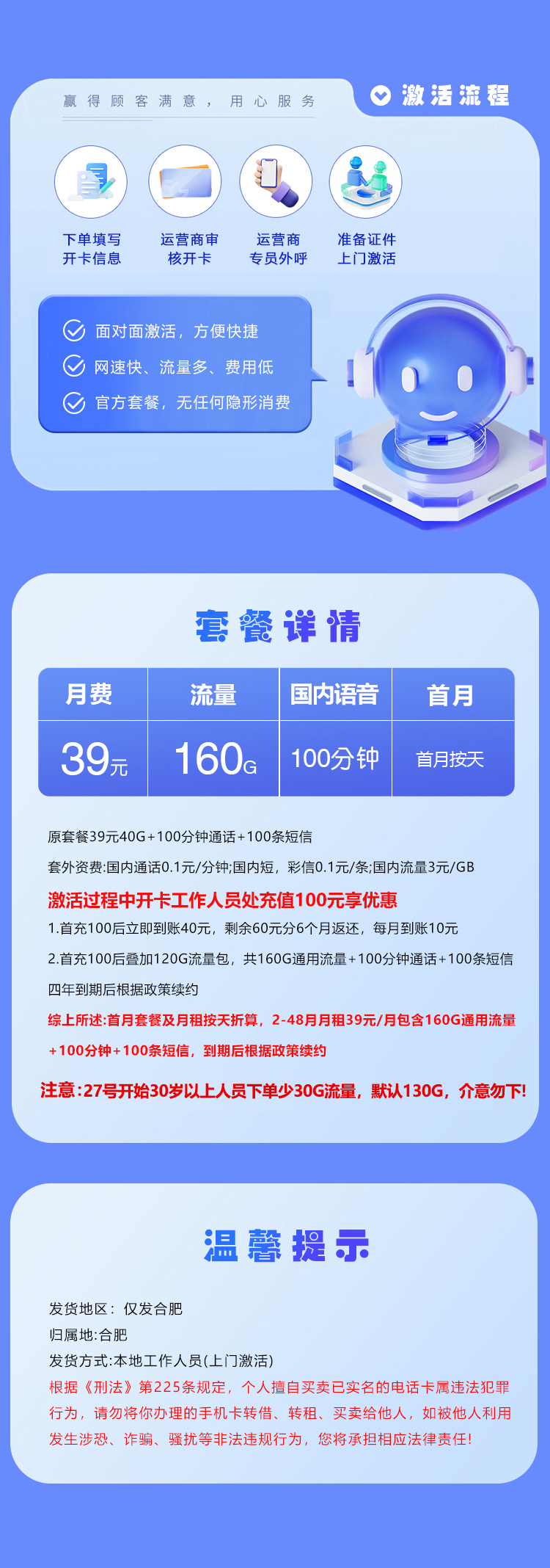 合肥电信专属卡【39元160G+100分钟】套餐详情图