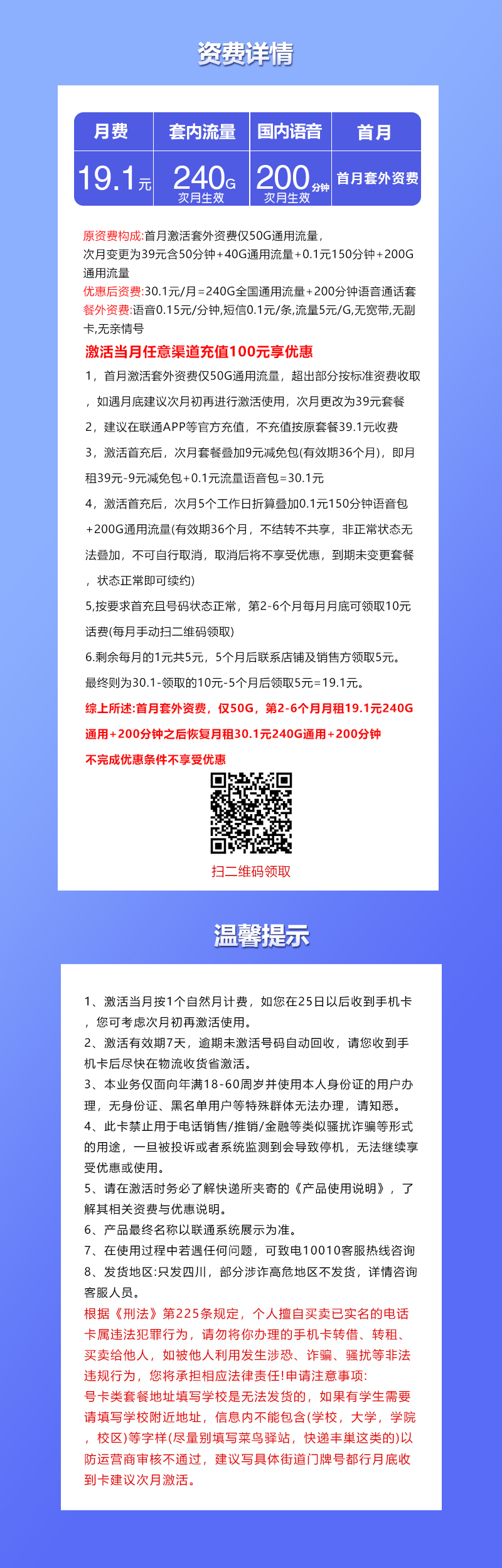 四川专属联通卡【19.1元240G+200分钟】套餐详情图