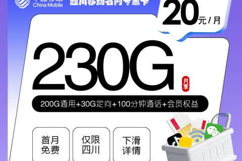 四川移动省内专惠卡【20元230G+100分钟+会员】套餐简介