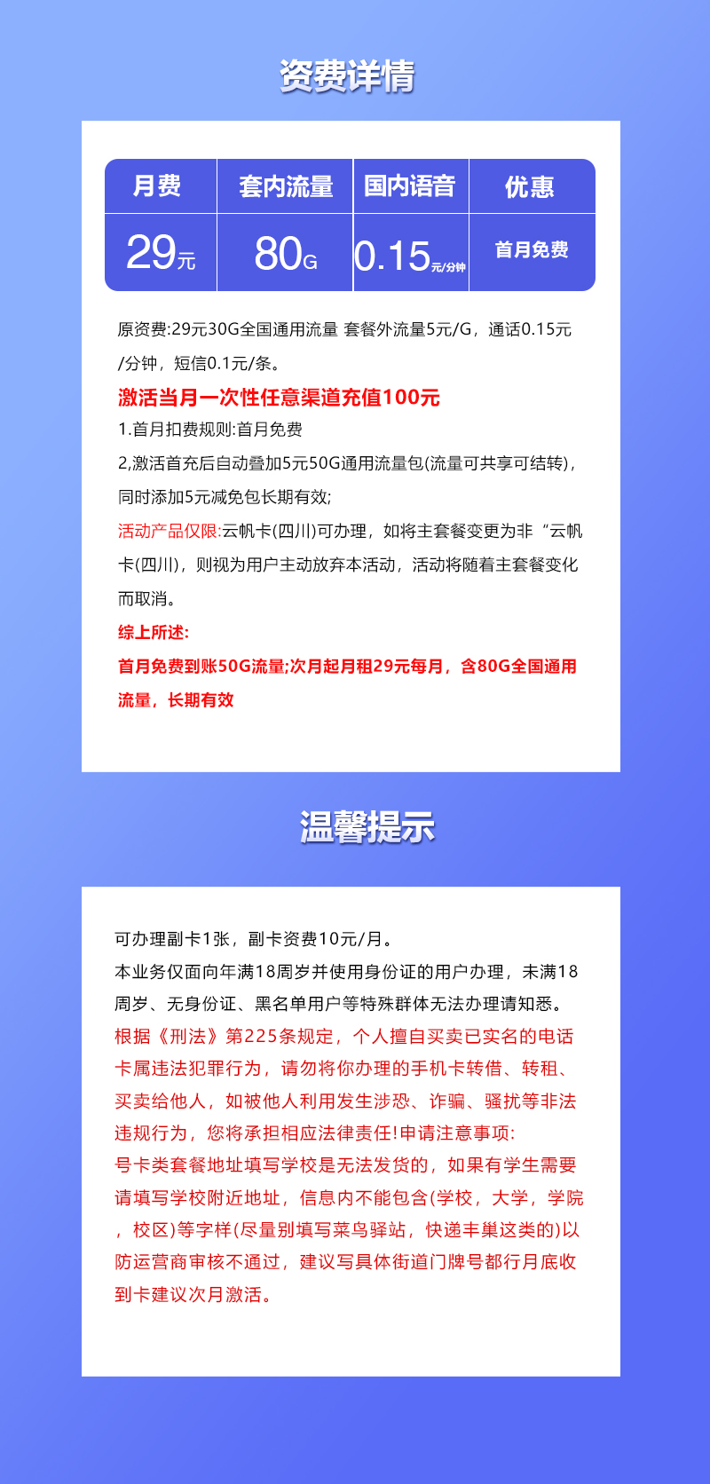 四川联通专属卡【29元80G】套餐详情图