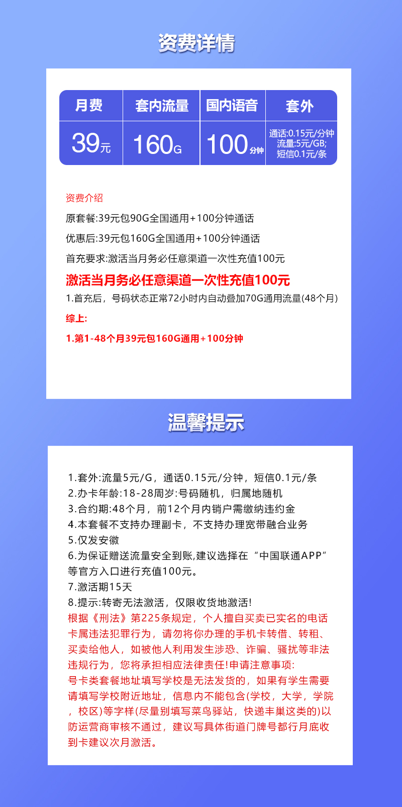 安徽联通省内专属卡【39元160G+100分钟】套餐详情图