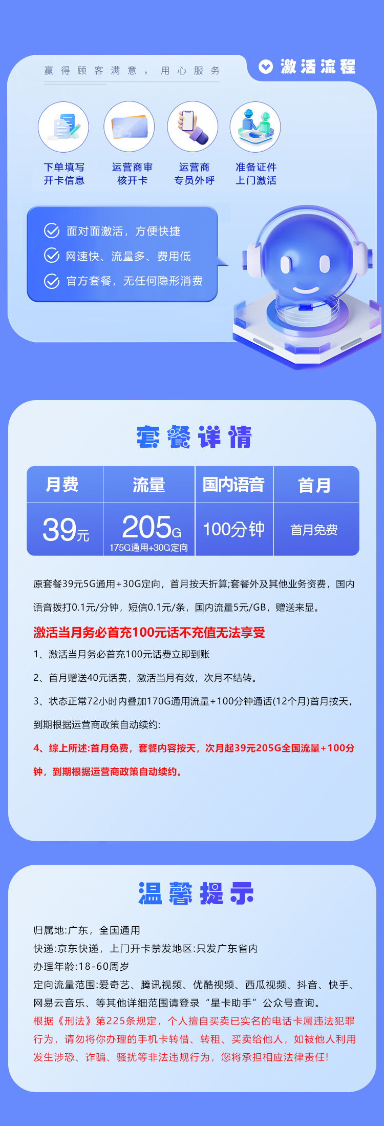 广东电信省内卡 【39元205G+100分钟】套餐详情图