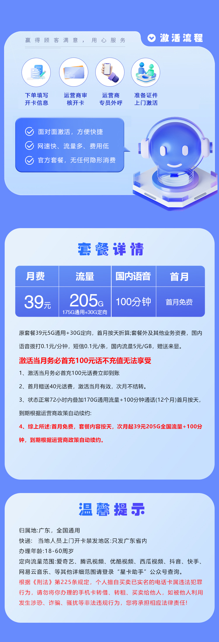 广东电信省内卡新 【39元205G+100分钟】套餐详情图