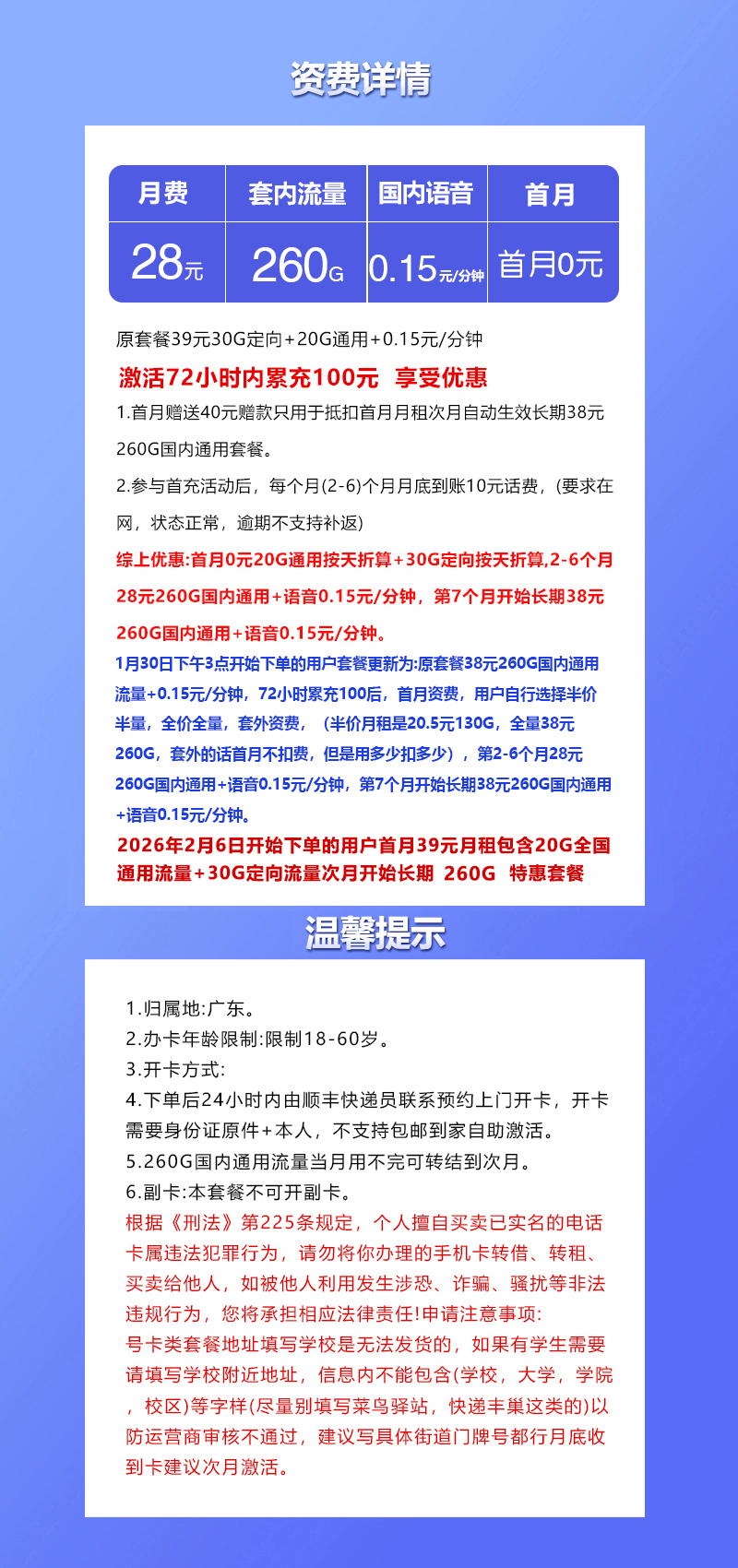 广东联通专属省内卡【28元260G】套餐详情图