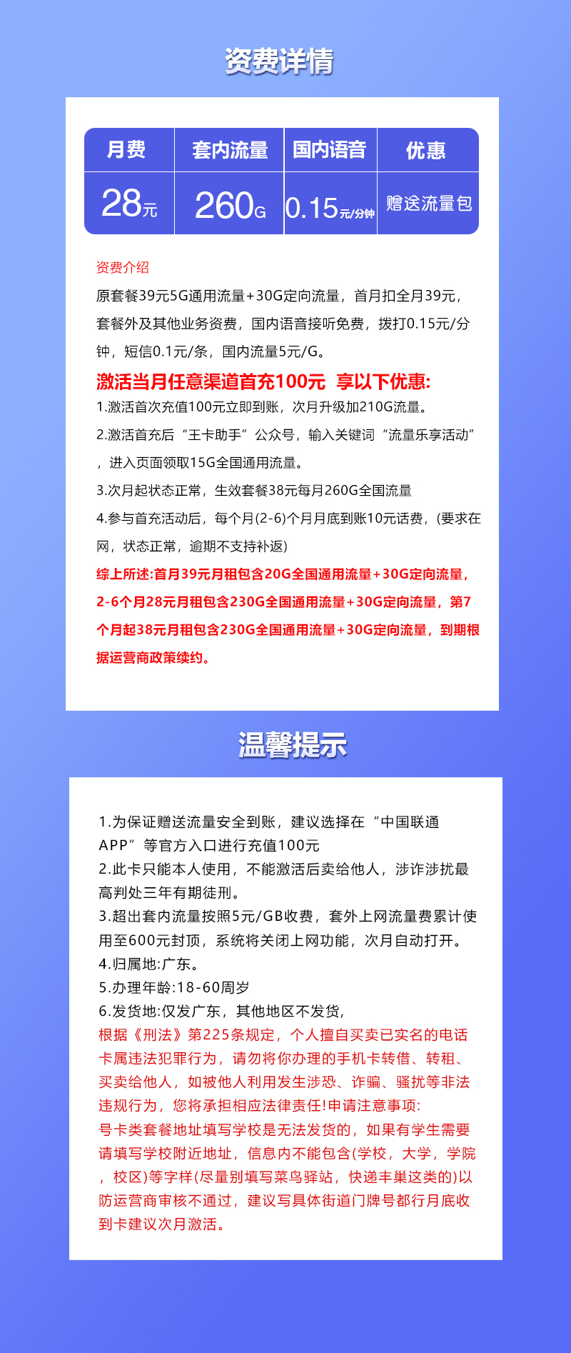 广东联通省内卡【28元260G】套餐详情图