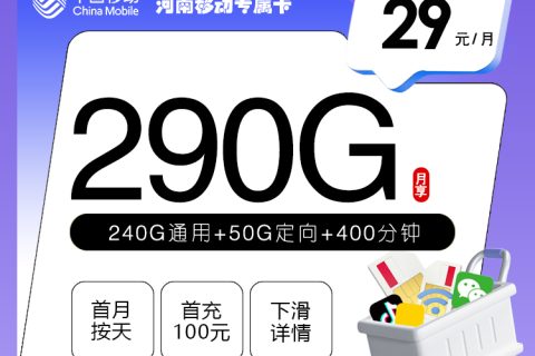 河南移动专属卡【29元290G+400分钟】套餐简介