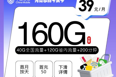 河南移动专属卡【39元160G+200分钟】套餐简介