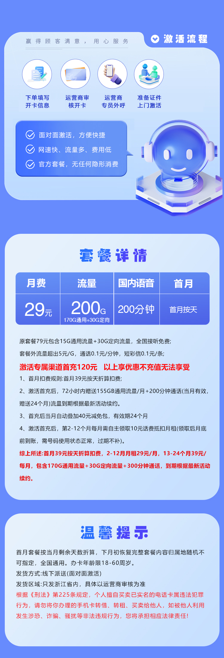 浙江电信专属卡【29元200G+200分钟】套餐详情图