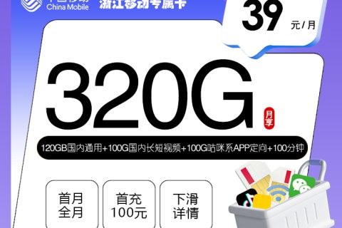 浙江移动专属卡【39元320G+100分钟】套餐简介