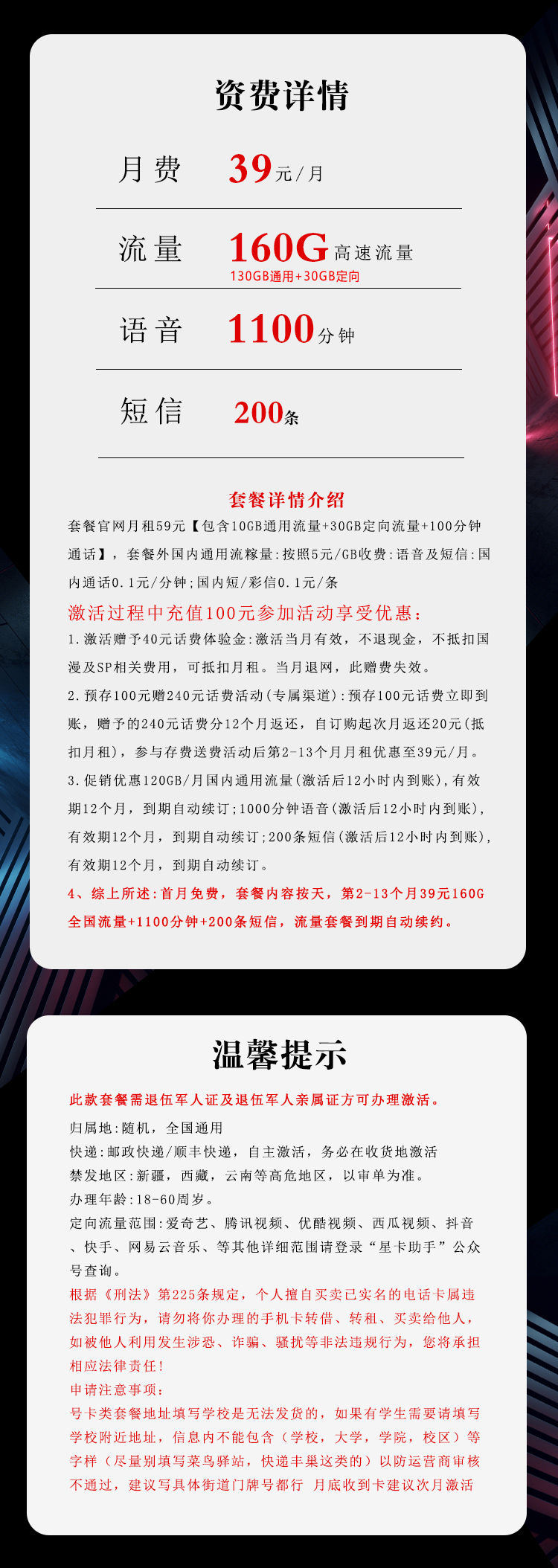 电信拥军卡【39元160G+1100分钟】【仅发湖南】套餐详情图