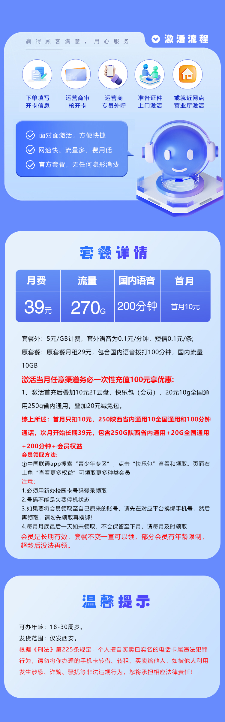 西安联通专享卡【39元270G+200分钟+会员】套餐详情图