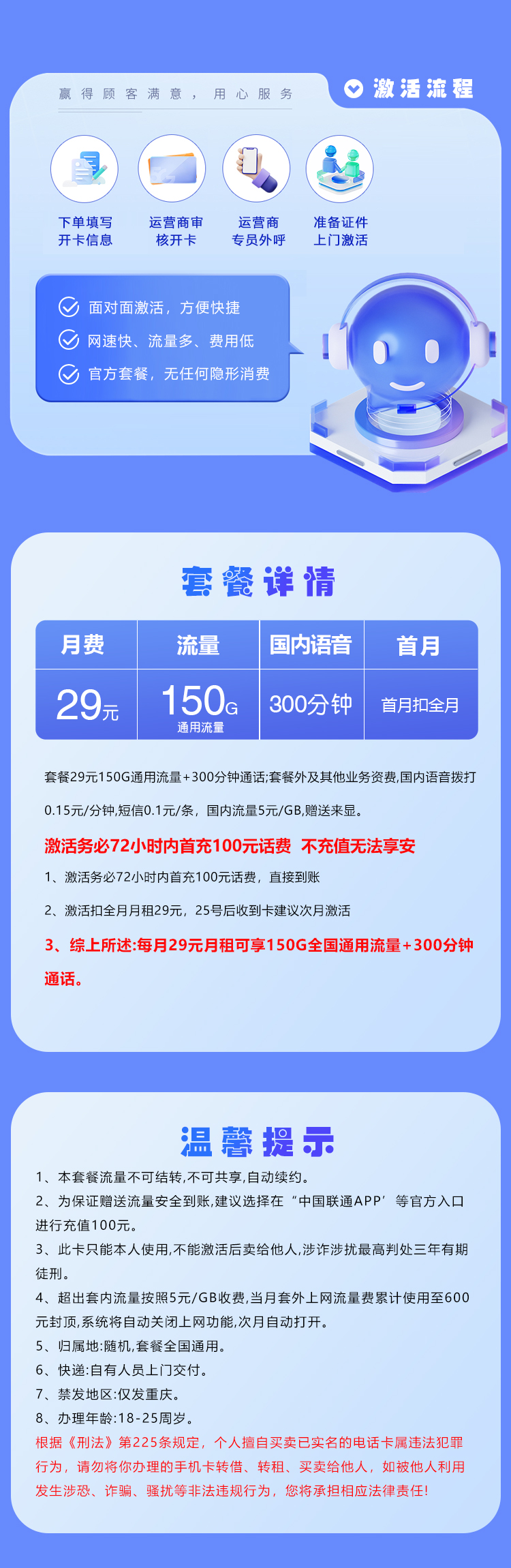 重庆联通【29元150G+300分钟】套餐详情图