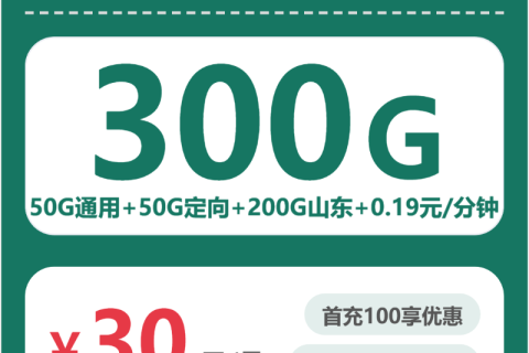 山东移动山东孔孟卡30元包300G+0.19元/分钟套餐简介
